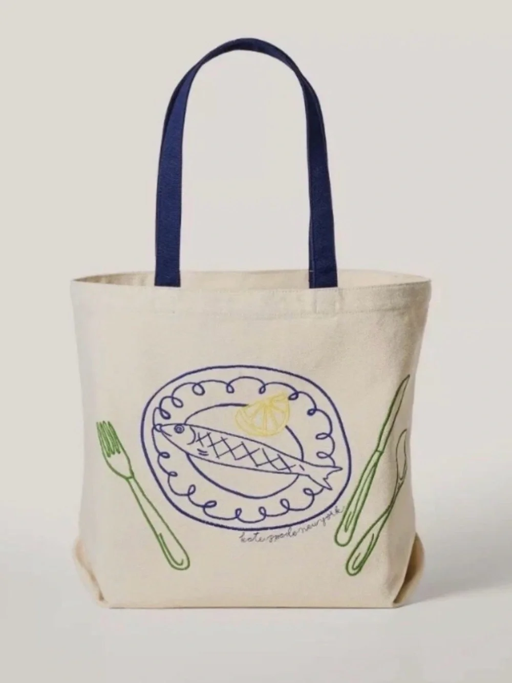 kate spade Canvas Tote with Navy Handles and Multicolor Plate Print